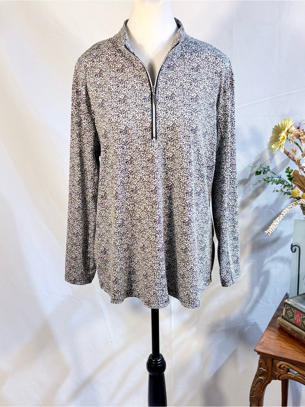 💥Lulu-B Micro Leopard 1/4 Zip UPF 50+ Long Sleeve Active Golf Top Sz L💚